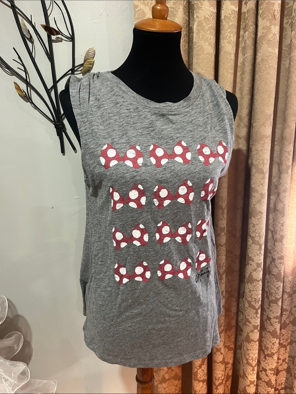 Disney Grey Tank Top with Red Polka Dot Bow Pattern